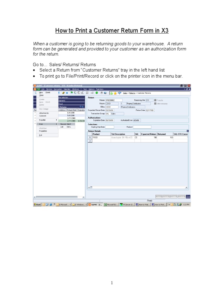 Sage X3 How To Print A Customer Return Form in X3 PDF Graphical User Interfaces Human