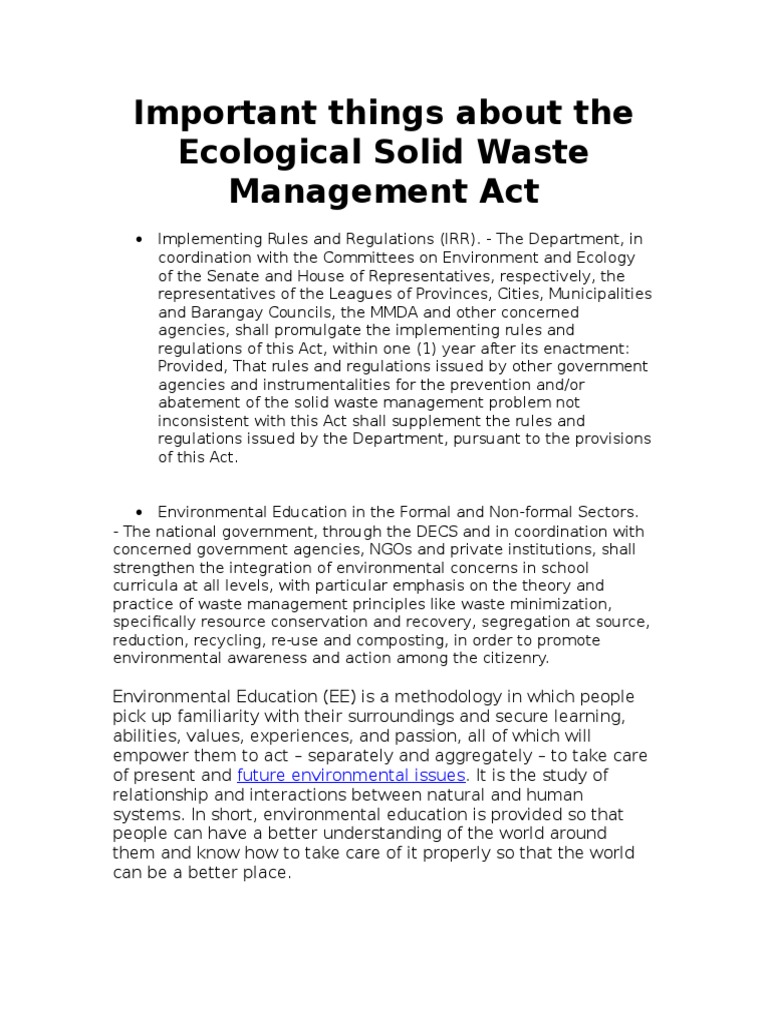 Important Things About the Ecological Solid Waste Management Act