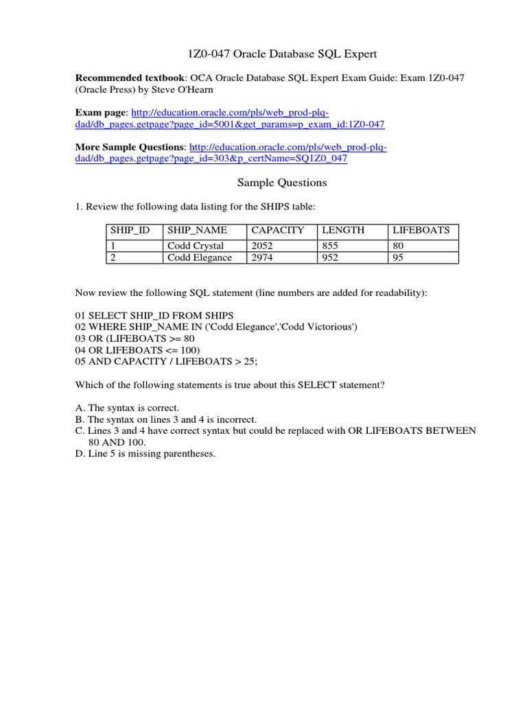 Oracle SQL Expert Exam 1Z0-047 Guide | PDF | Computers
