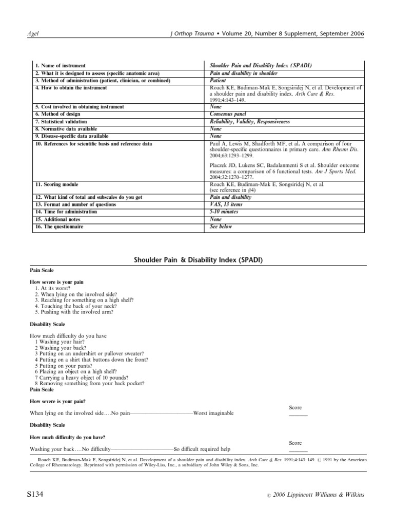 Shoulder Pain and Disability Index SPADI .44 | PDF | Psychological ...