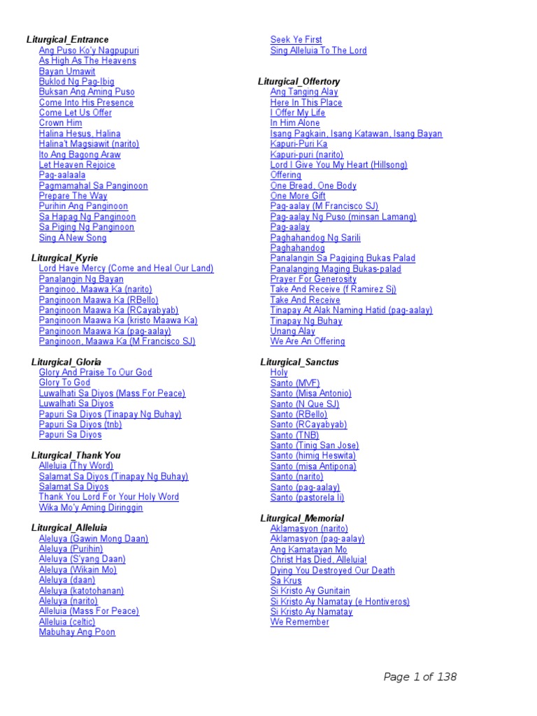 Liturgical Mass Songs