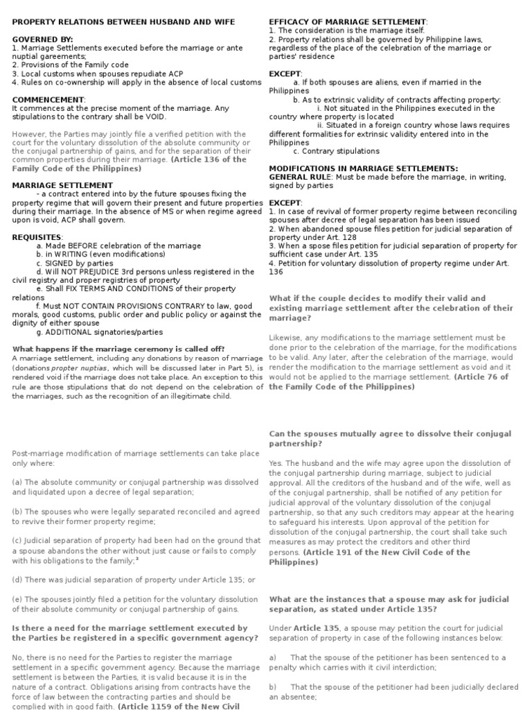 Property Relations Between Husband and Wife Community Property Marriage