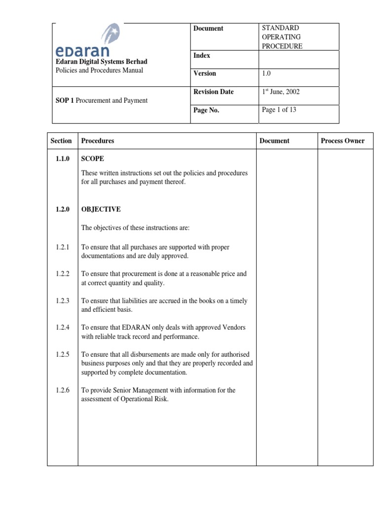 Sop 1 Procurement Payment Pdf Cheque Invoice