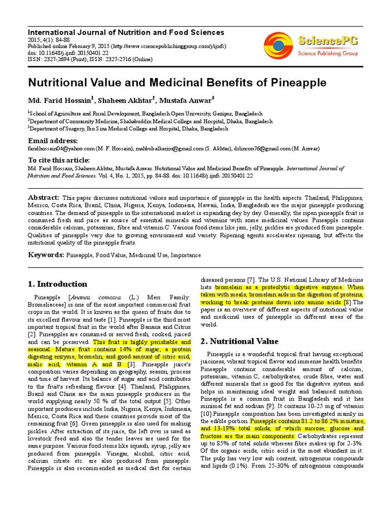 Nutritional Value and Medicinal Benefits of Pineapple | PDF | Pineapple