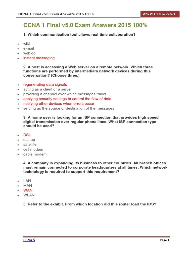 CCNA 1 Final v5.0 Exam Answers 2015 100 | PDF | Internet Protocol Suite ...
