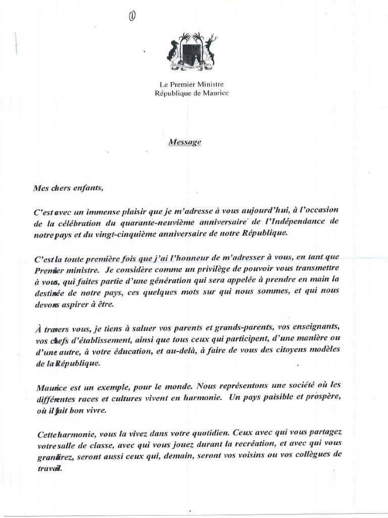 Message Pm Aux Eleves A L Occassion De L Independence Pdf