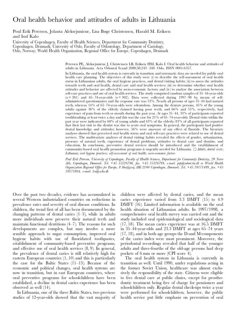 Oral Health Behaviour and Attitudes of Adults in Lithuania | PDF | Oral ...