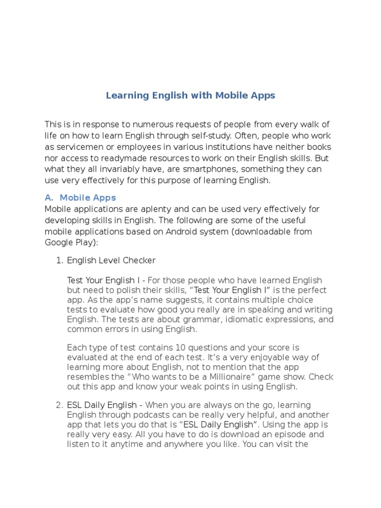 Learning English With Mobile Apps | PDF | Translations | English Language