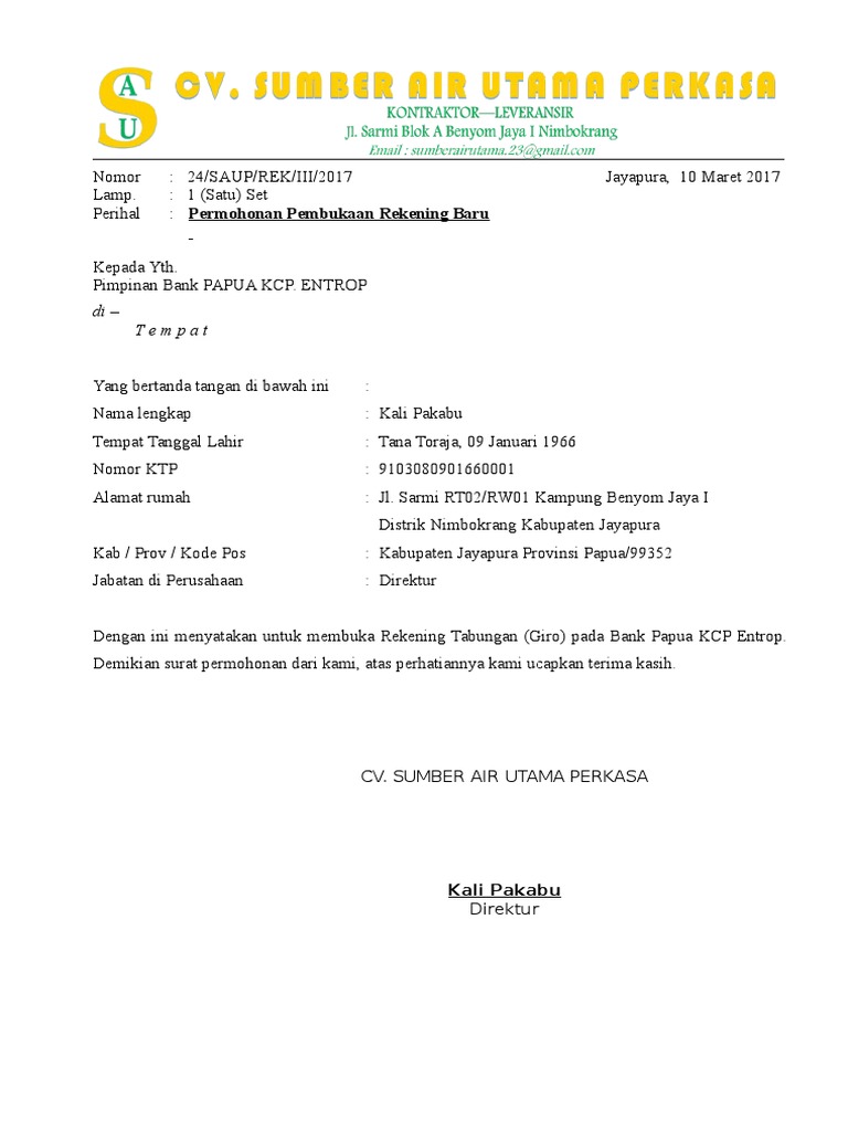 Surat Permohonan Pembukaan Rekening Bank