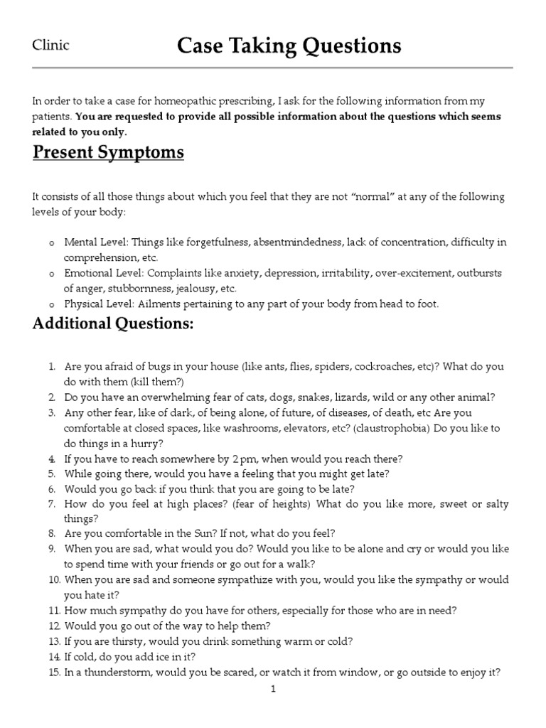 Homeopathic Case Taking Questions Diseases And Disorders Medical
