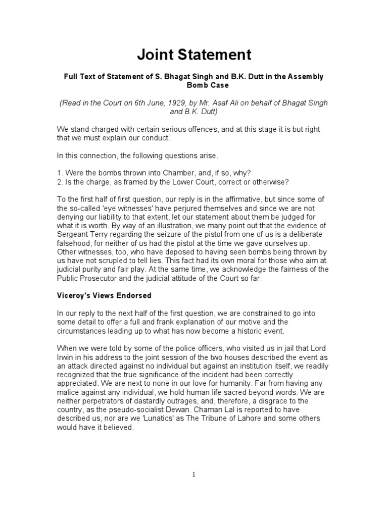 Joint Statement Full Text of Statement of S. Bhagat Singh and B.K