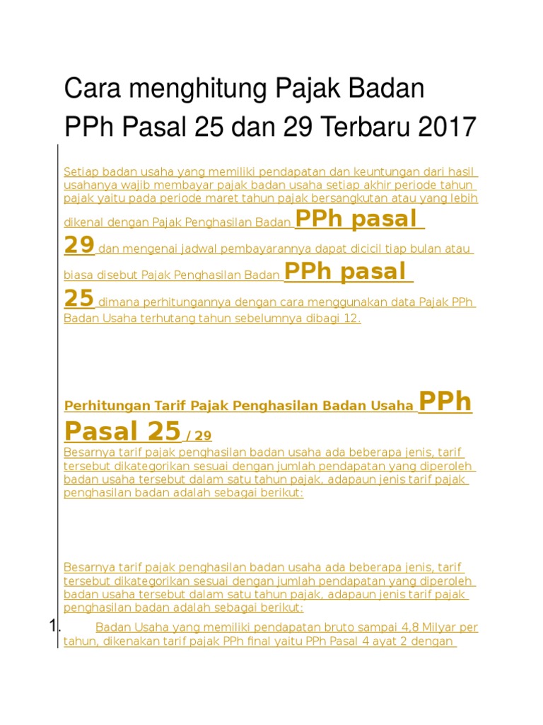 Cara Menghitung Pajak Badan PPH Pasal 25 Dan 29 Terbaru 2017 | PDF ...