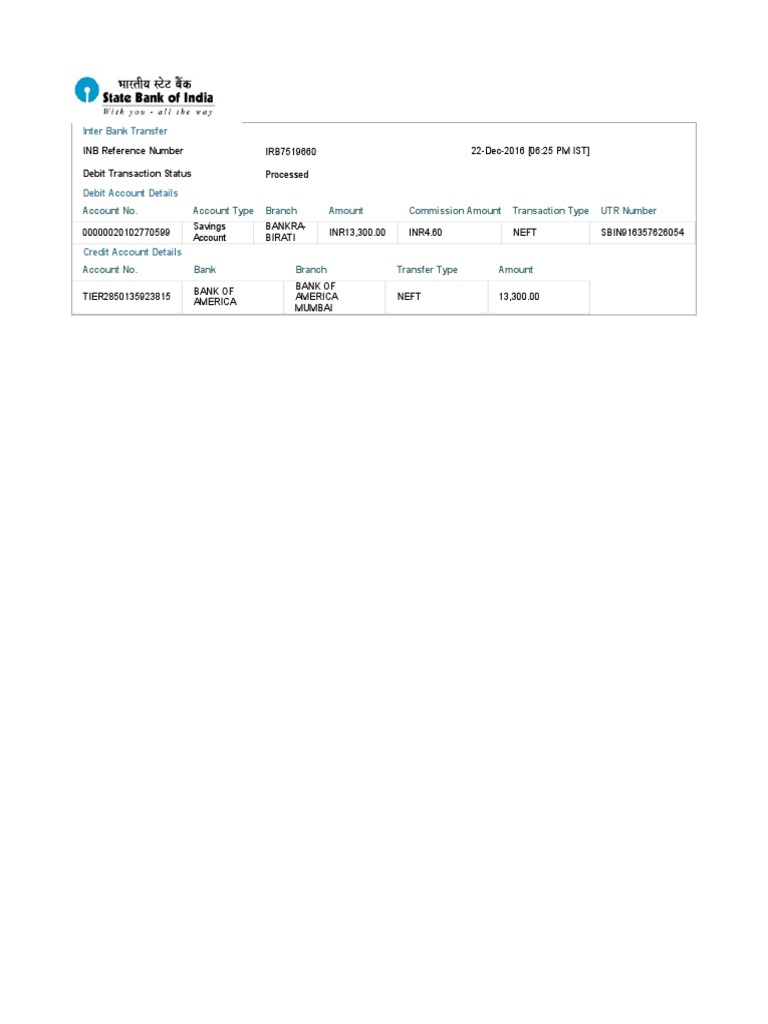 Inter Bank Transfer Details - NEFT Transaction | PDF