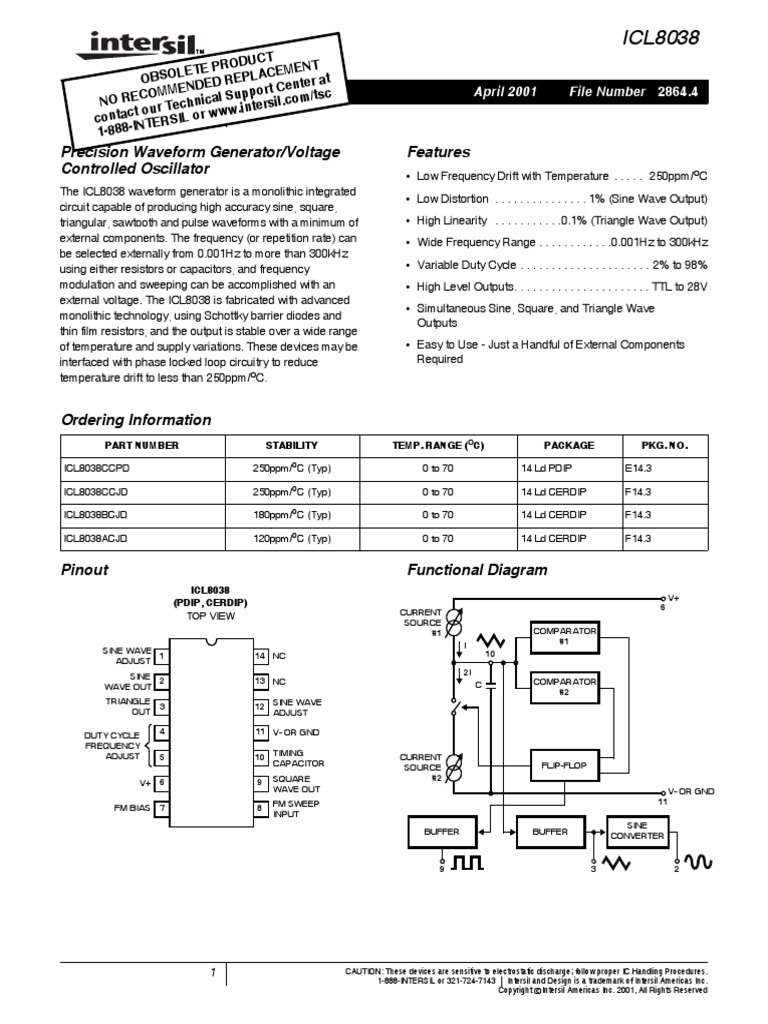 ICL 8038 Precision Waveform Generator/Voltage Controlled Oscillator