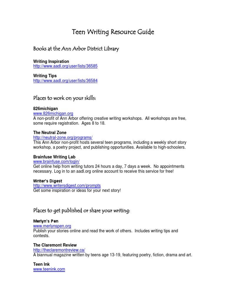 Teen Writing Resource Guide: Books at The Ann Arbor District Library | PDF