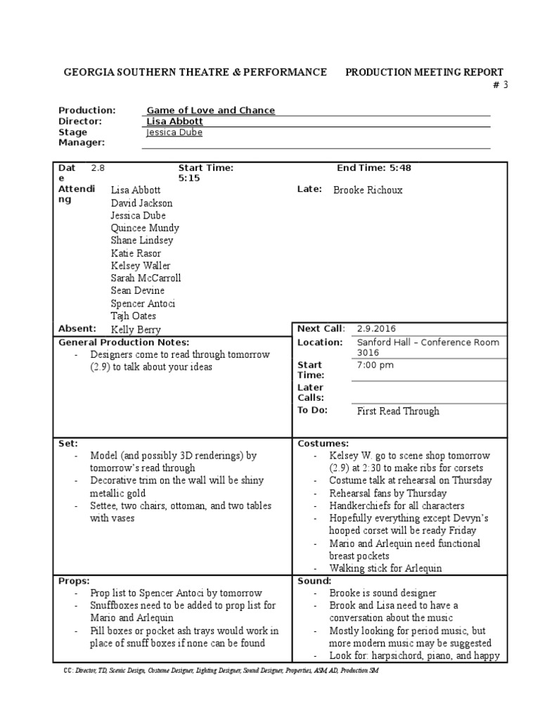 Georgia Southern Theatre Production Meeting Report | PDF | Performing ...