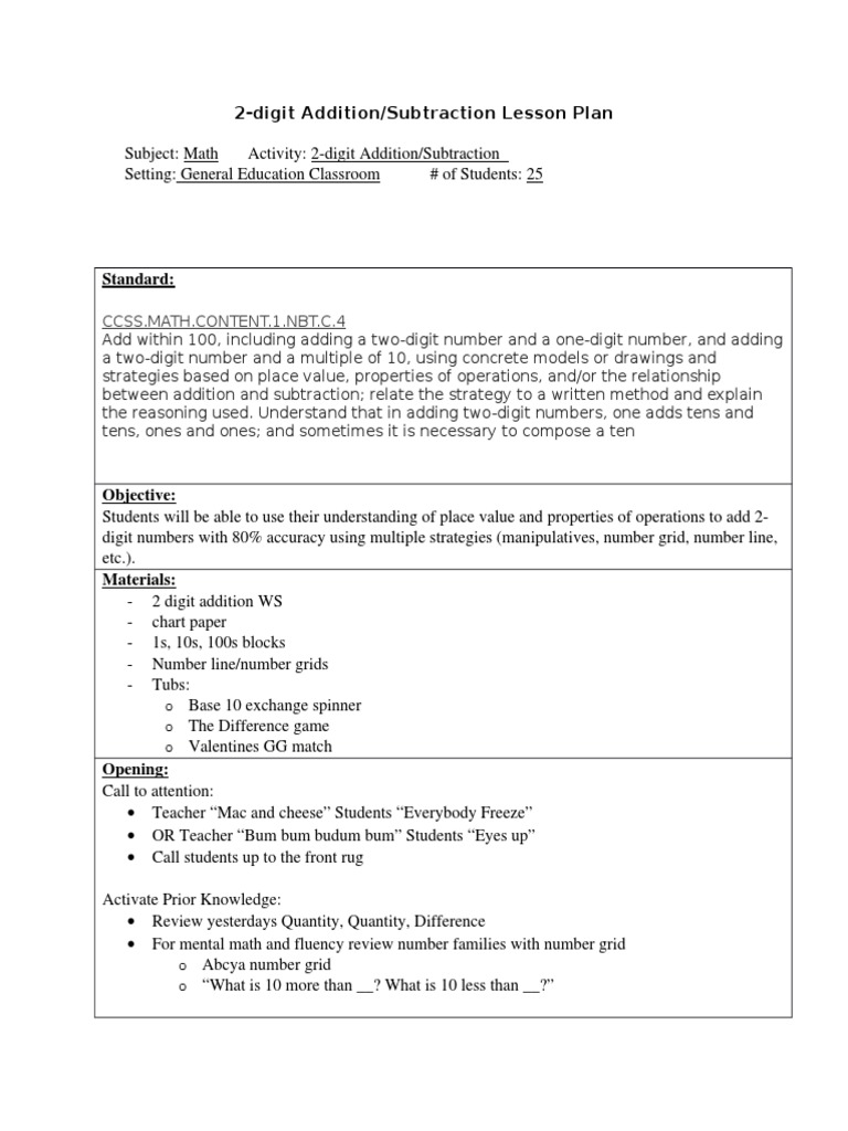 2-Digit Addition/Subtraction Lesson Plan: Ccss - Math.Content.1.Nbt.C.4 ...