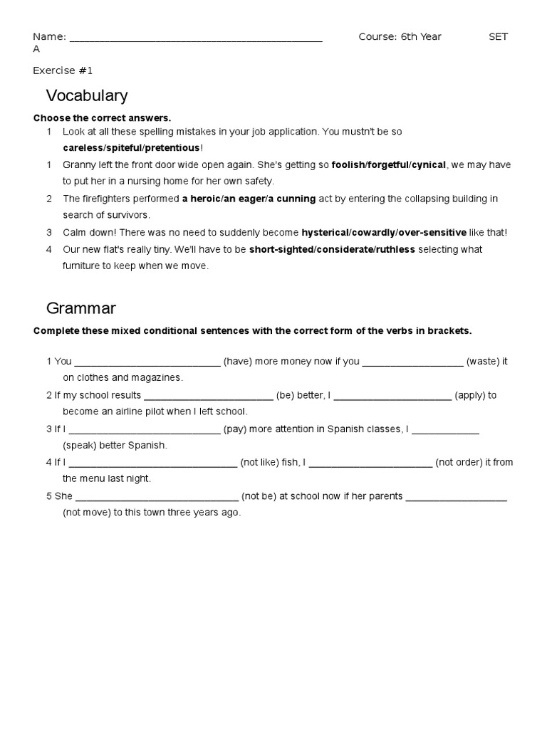 6th Year 2017 - Exercise 1 - Unit 9 Vocabulary and Mixed Conditionals ...