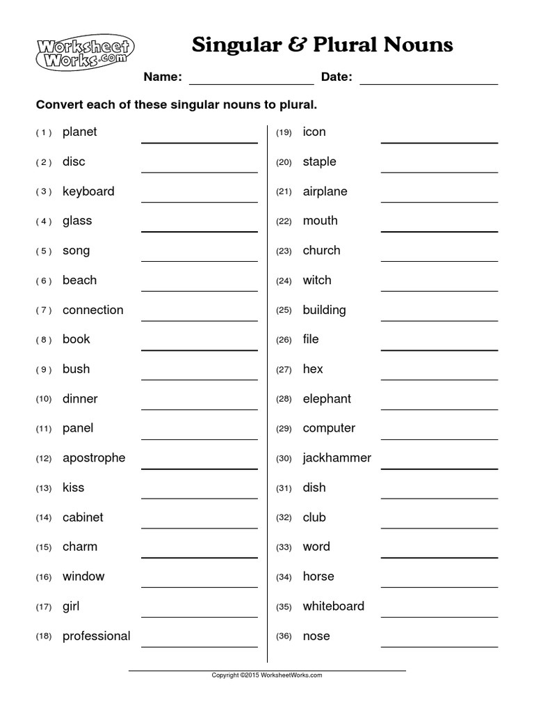 Singular & Plural Nouns Worksheet | PDF | Plural | Syntactic Relationships