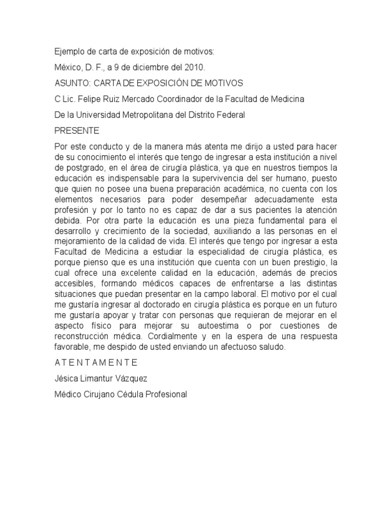 Ejemplo de Carta de Exposición de Motivos PDF Cirugía plástica