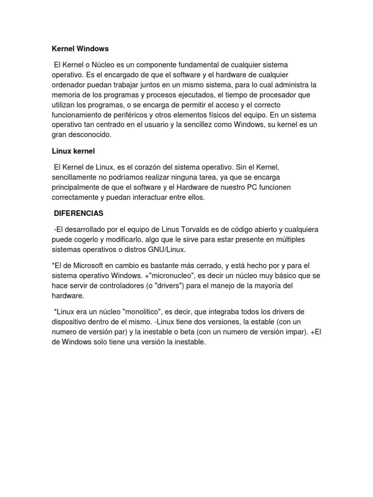 Comparativa del Kernel en Windows y Linux | PDF | Kernel (sistema ...