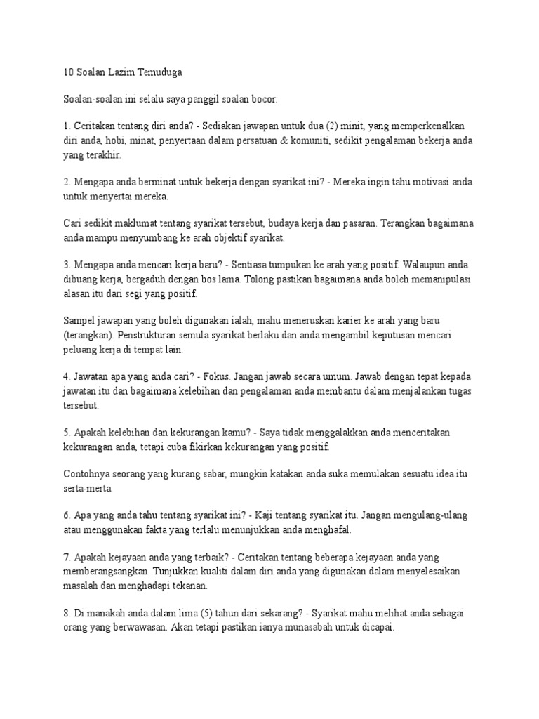 10 Soalan Lazim Temuduga Pdf