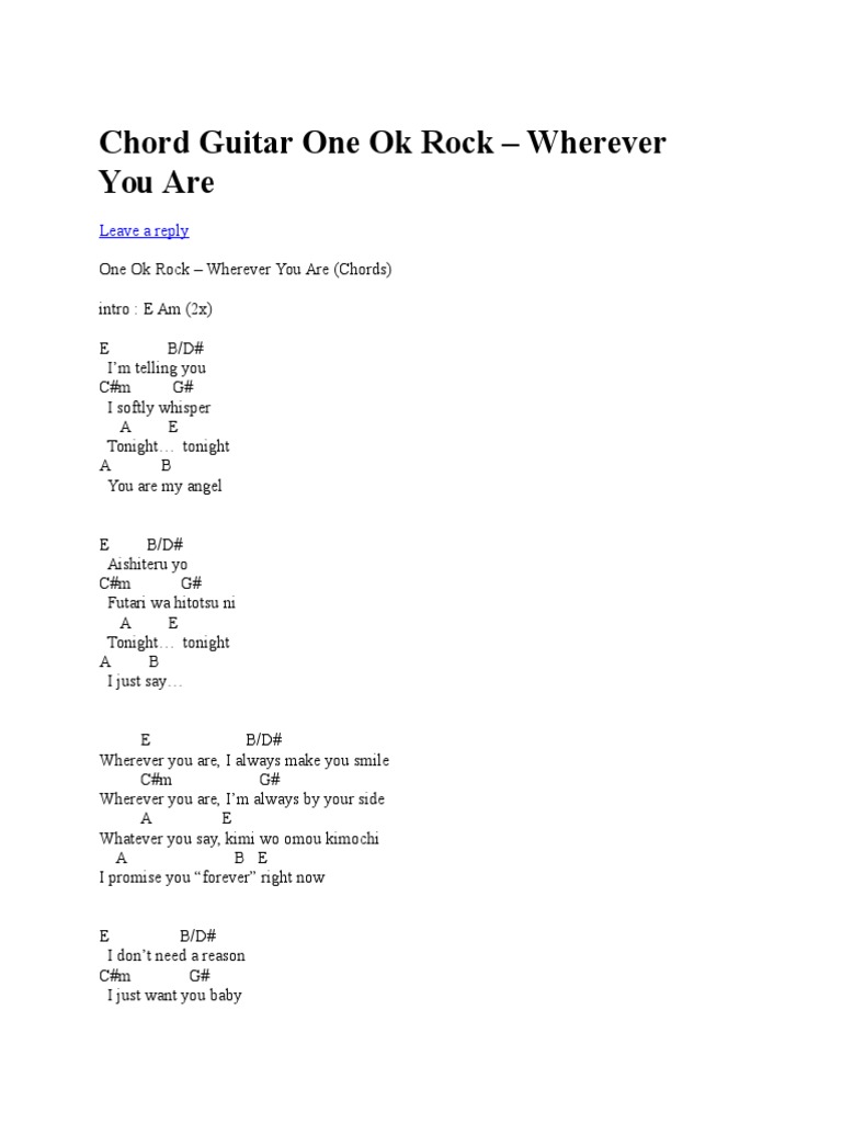 One Ok Rock Wherever You Are Guitar Chords