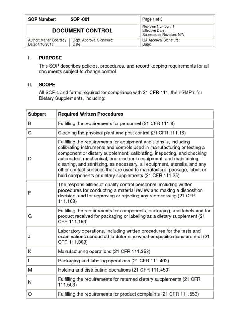 SOP for Document Control in Dietary Supplements | PDF | Quality ...