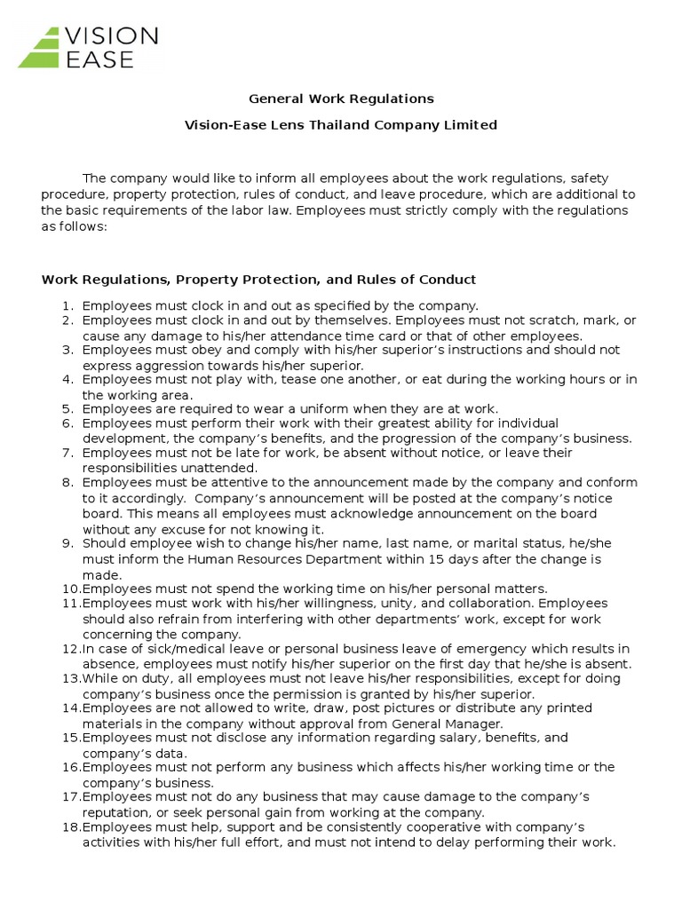 General Work Regulations Vision-Ease Lens Thailand Company Limited ...