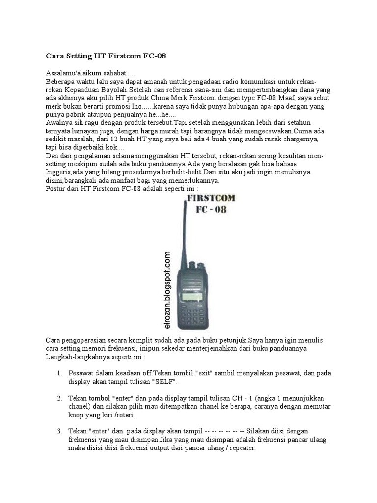 Cara Mengatur Frekuensi pada HT Firstcom FC-08 | PDF