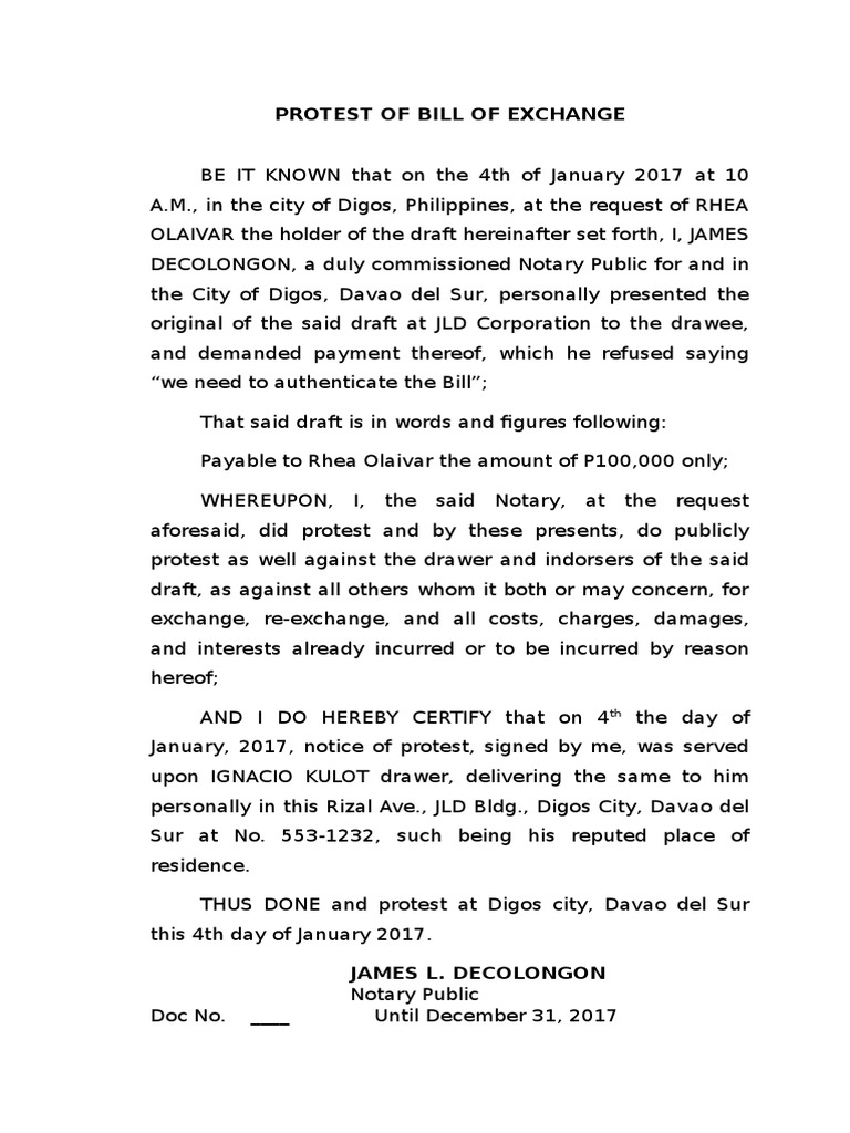 Notice of Protest for Bill of Exchange | PDF | Negotiable Instrument ...