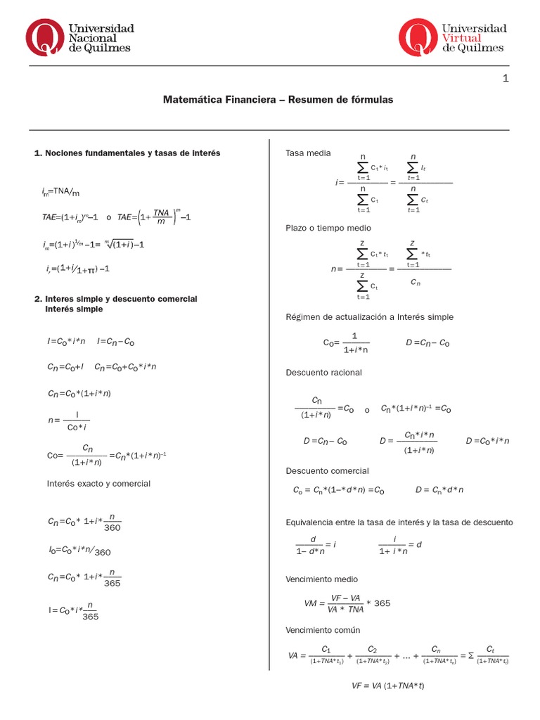 Formulas Final Matematica Financiera | PDF | Negocios económicos | Deuda