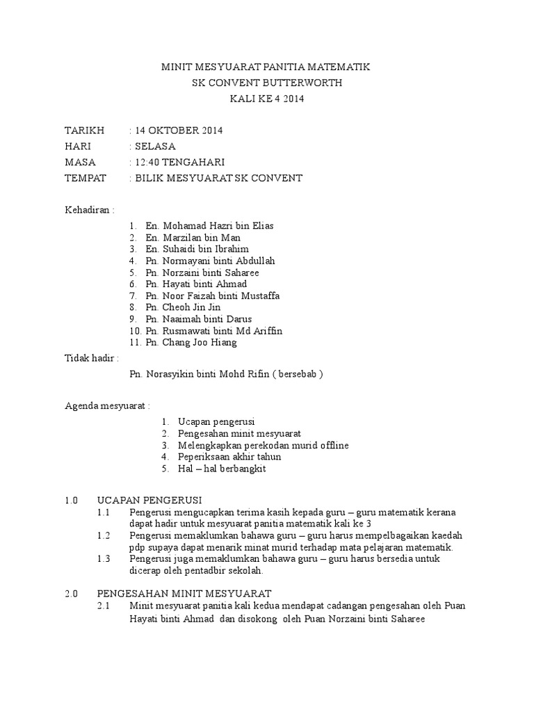 Minit Mesyuarat Panitia Sains