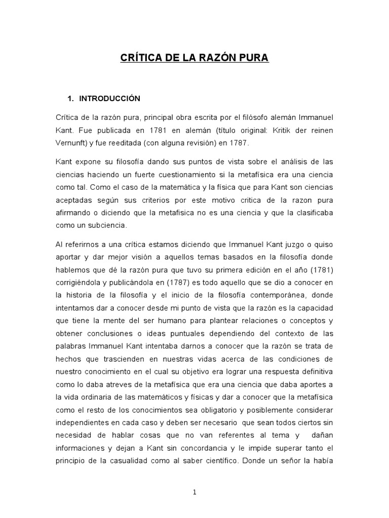 Critica A La Razon Pura | PDF | Crítica de la razón pura | Immanuel Kant