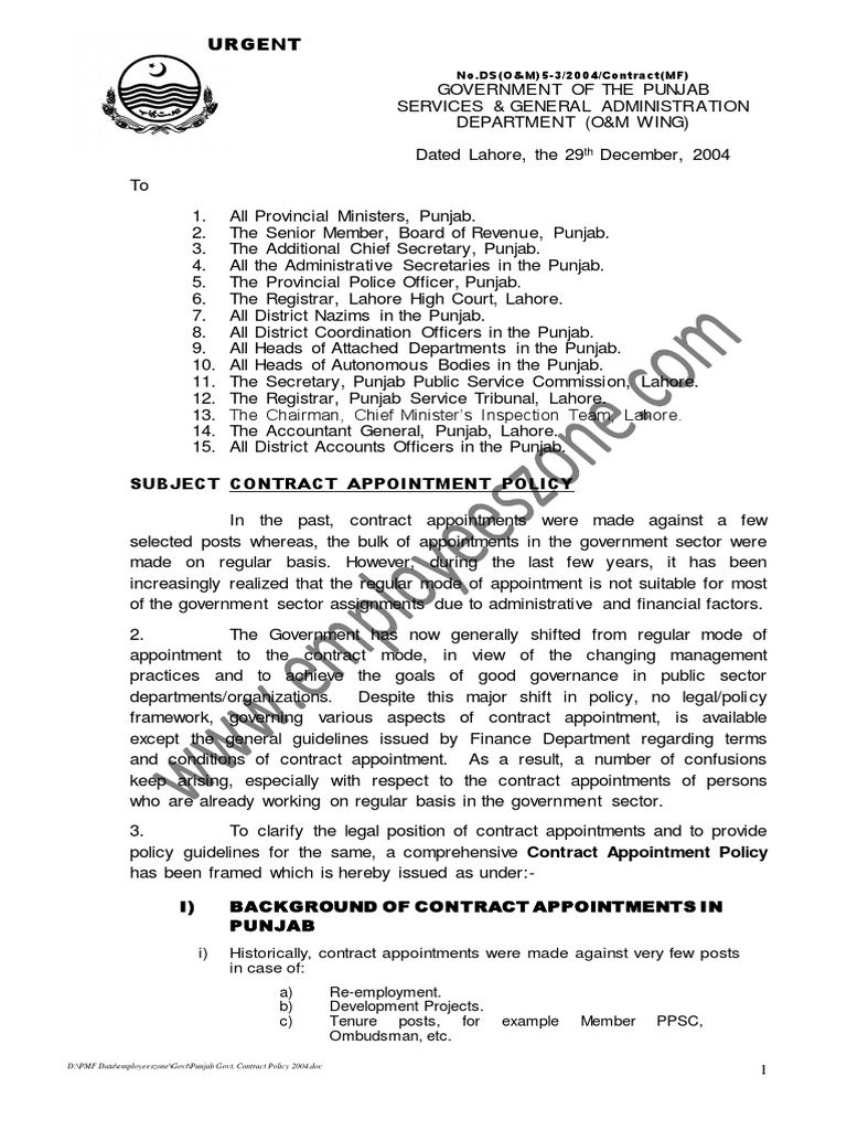 Punjab Govt. Contract Policy 2004 PDF Civil Service Employment