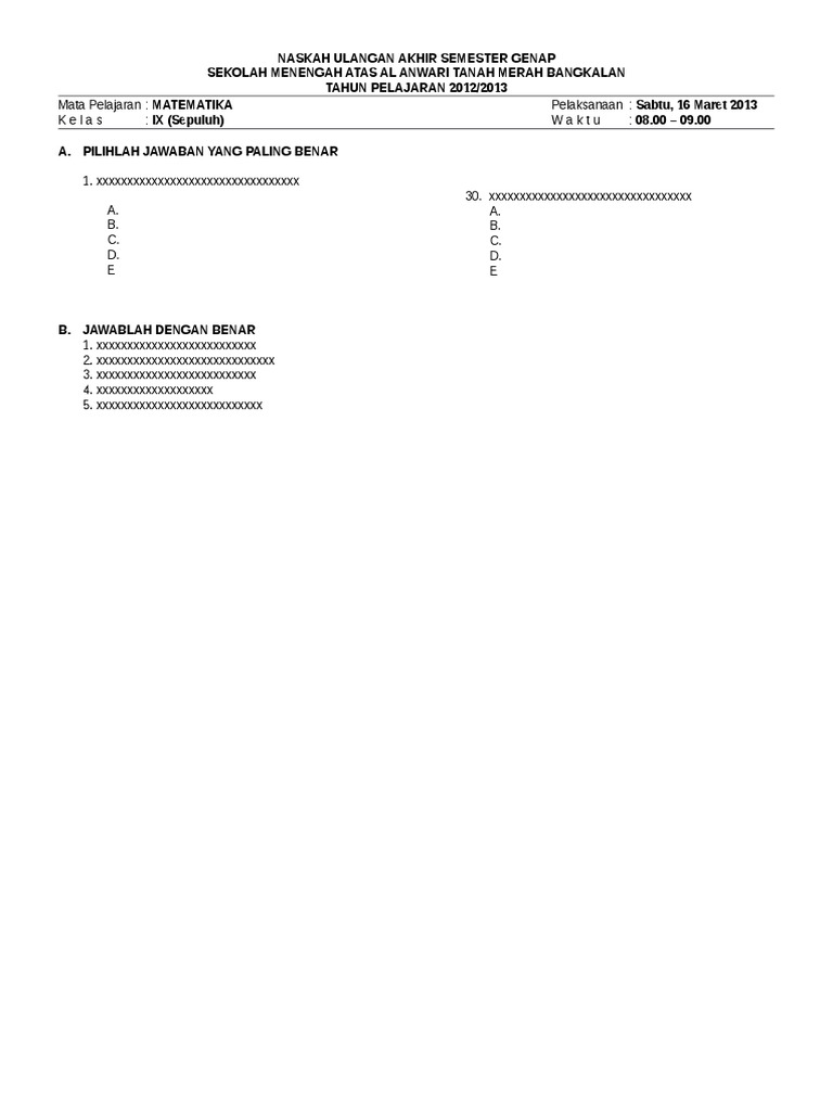 Sma 10 Contoh Kop Soal Dan Lembar Jawaban PDF