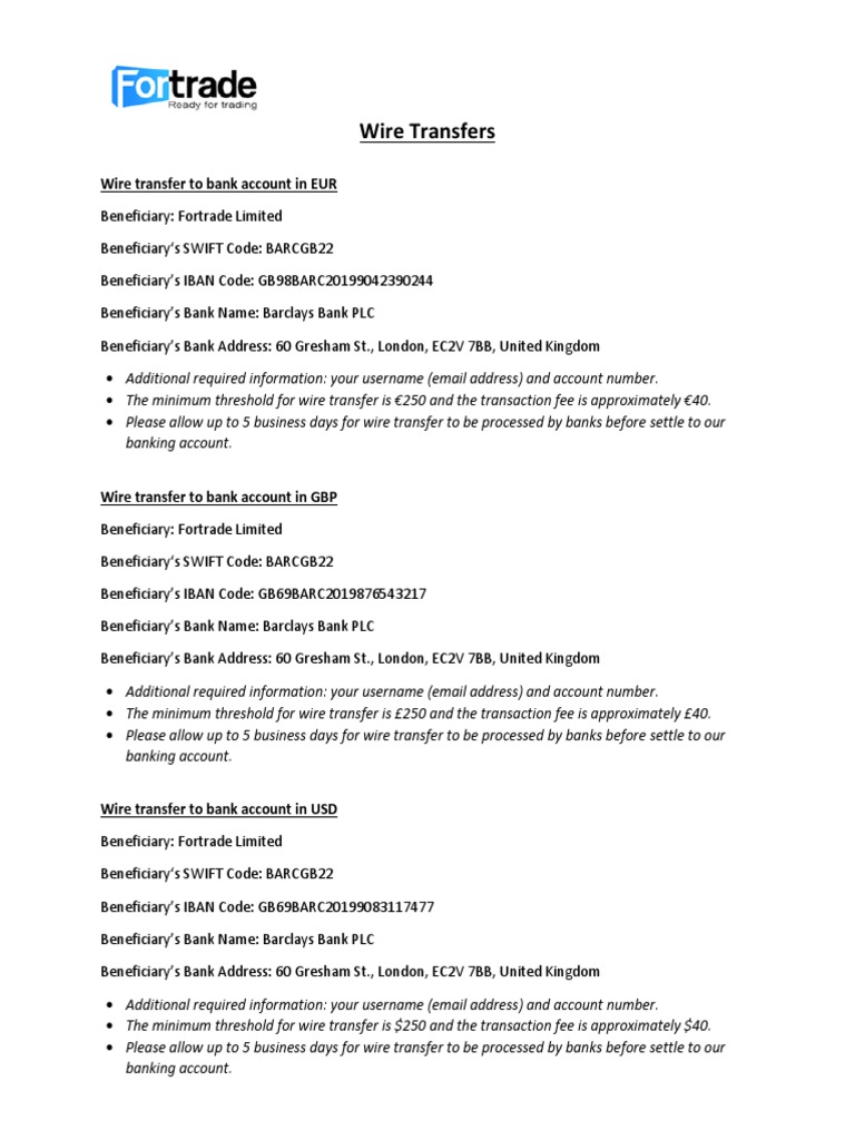 Fortrade Wire Transfers