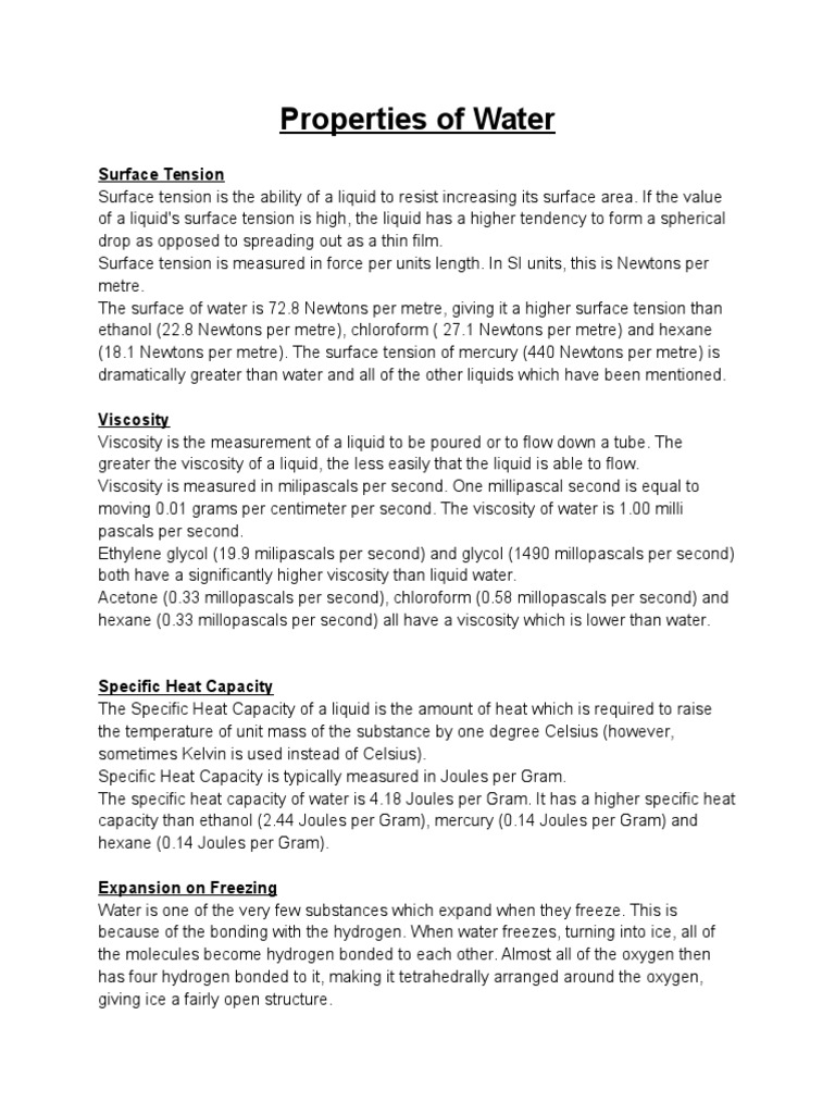 Properties of Water Surface Tension PDF Properties Of Water