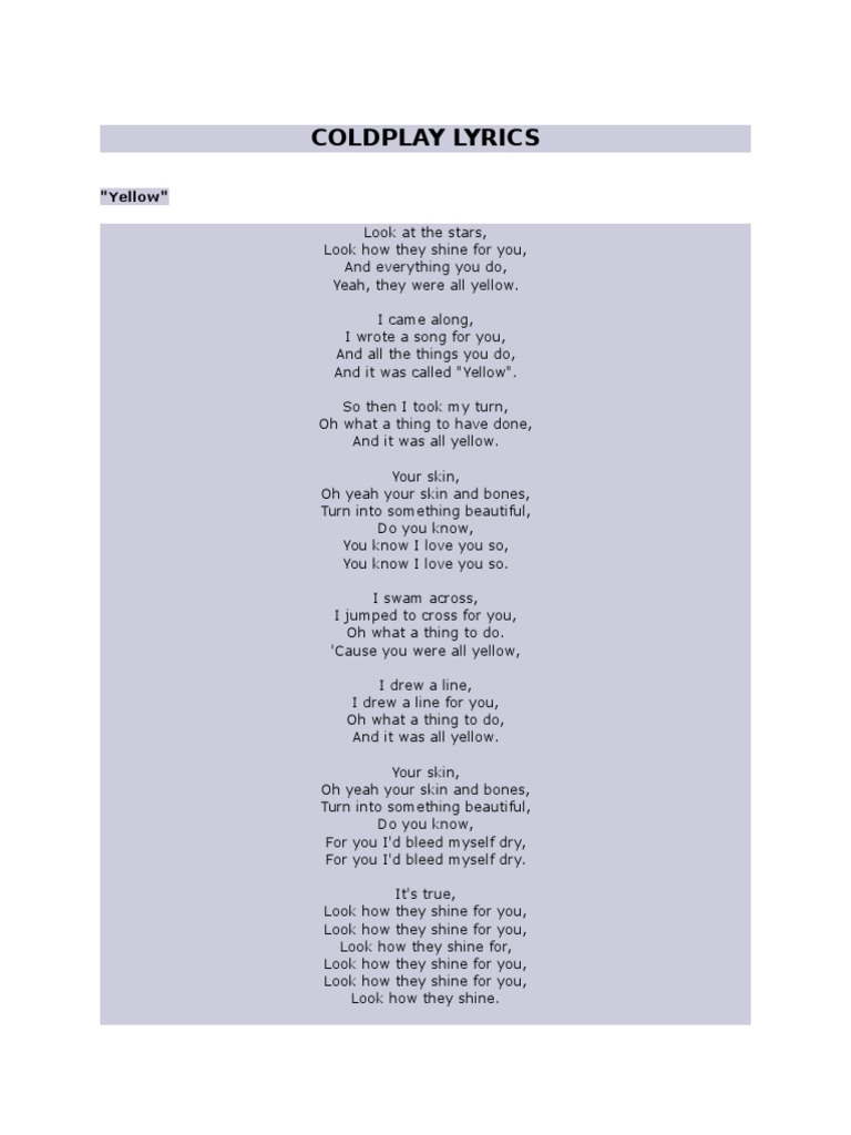 Coldplay - Yellow Lyrics | PDF | Poetry