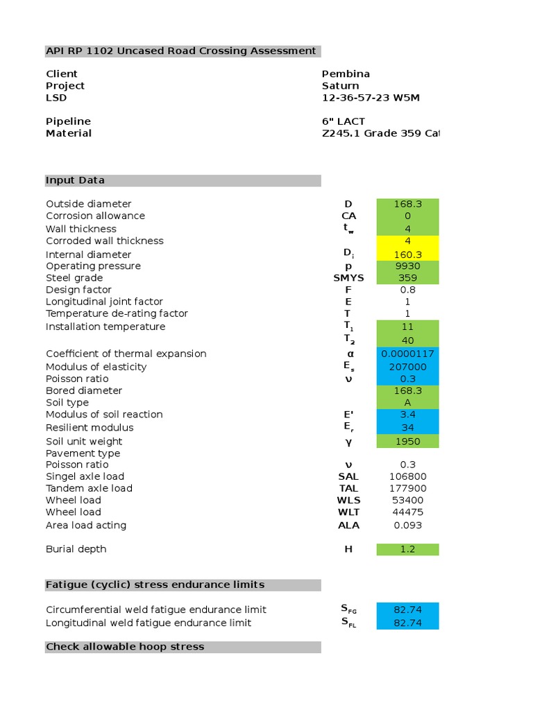 API RP 1102 Spreadsheet | PDF | Fatigue (Material) | Stiffness
