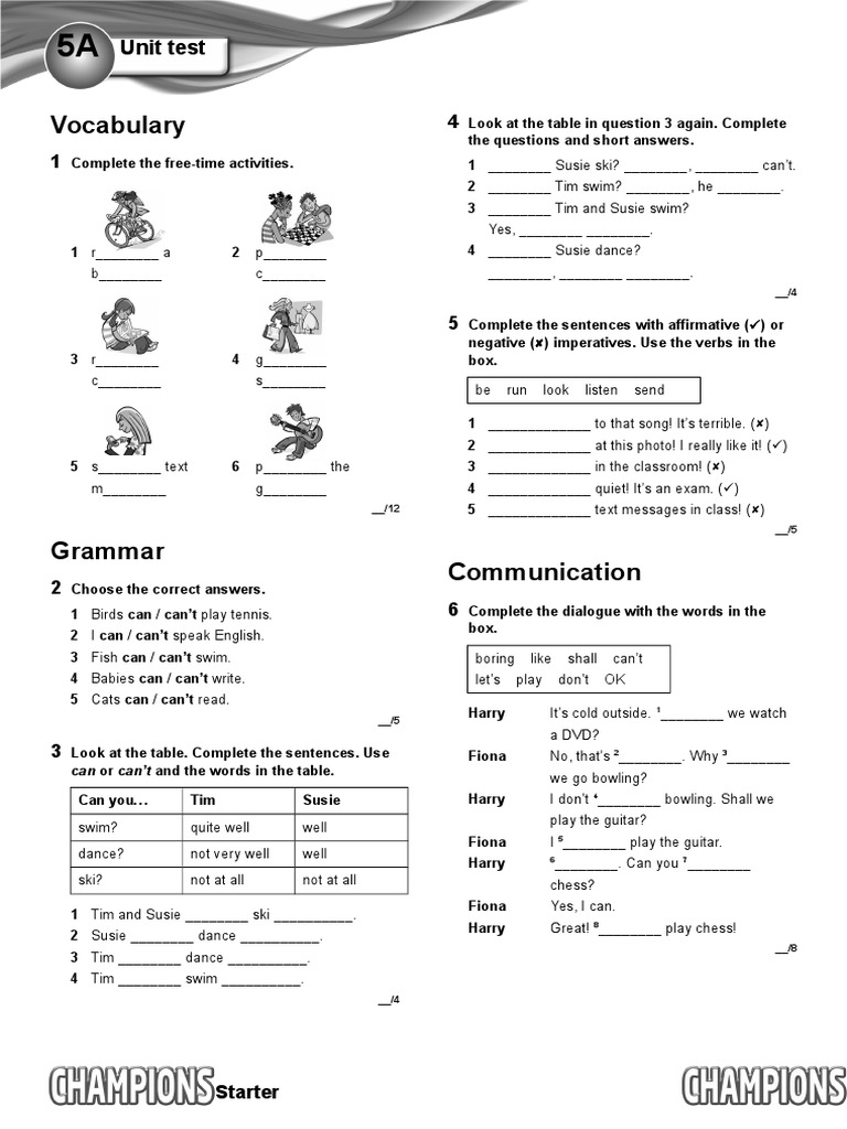 Champions Starter Unit Test 5 A | PDF | Language Mechanics | Grammar