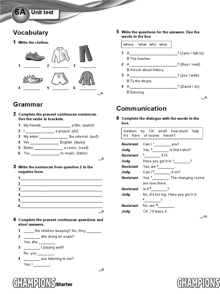 Champions Starter Unit Test 6 A | PDF | Linguistic Morphology | Cognition
