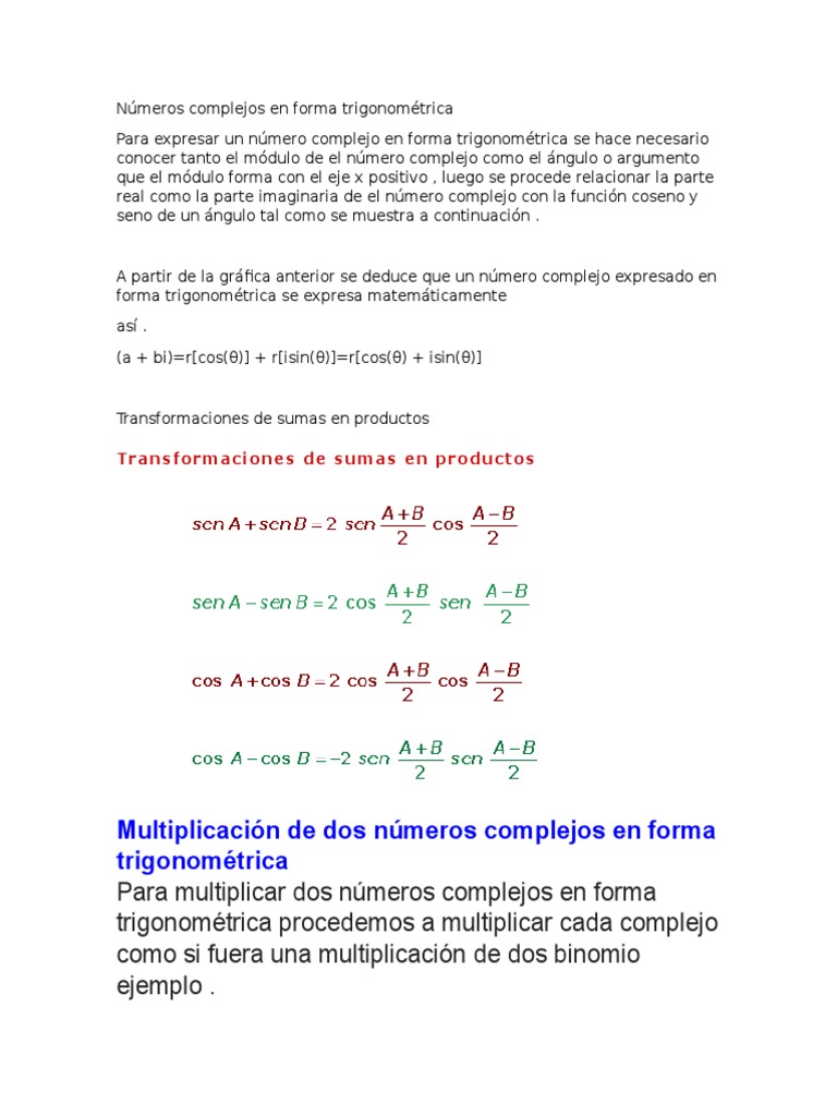 Numeros Complejos En Forma Trigonometrica