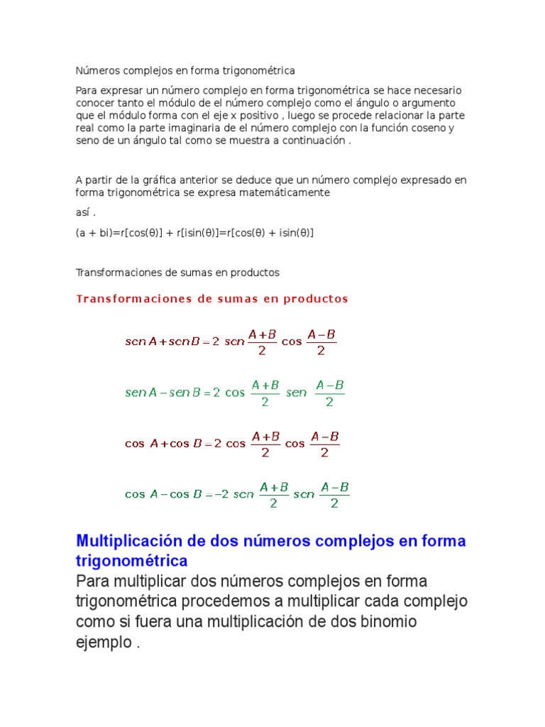 Numeros Complejos En Forma Trigonometrica