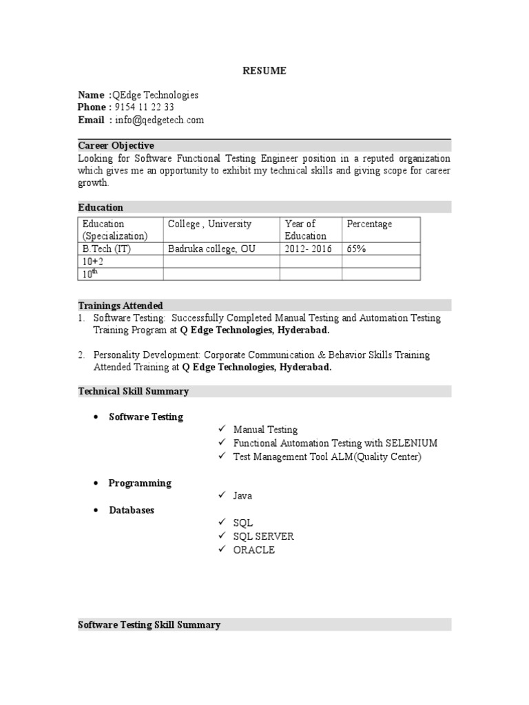 resume format for manual testing fresher