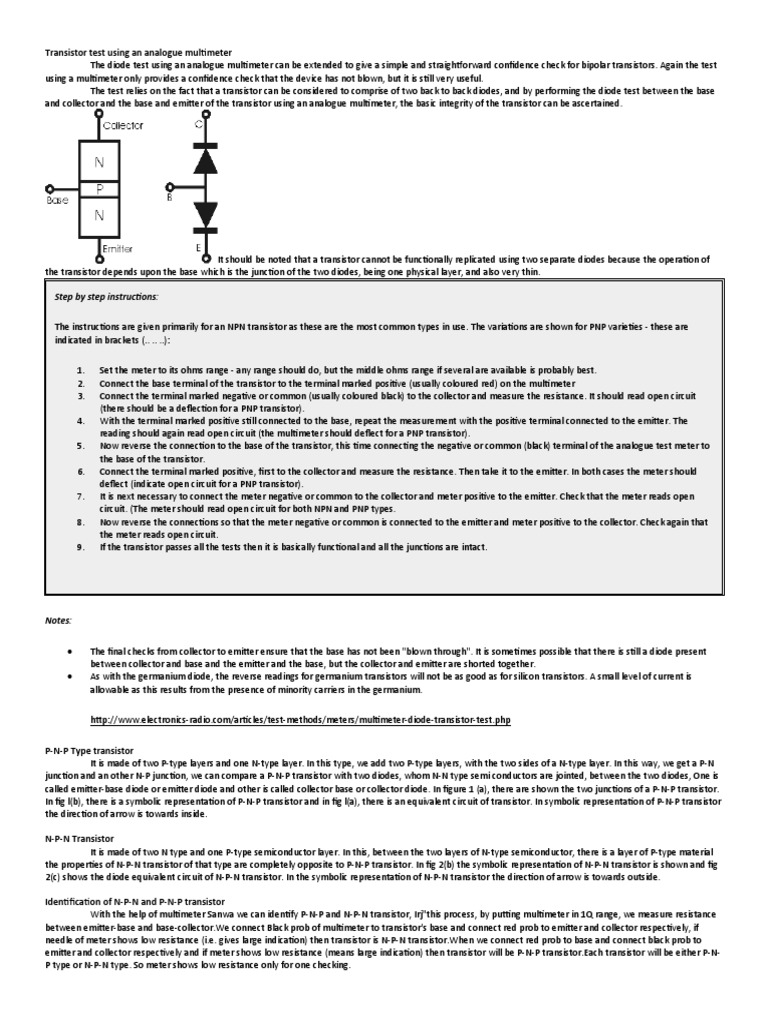 Testing Transistors with an Analog Multimeter | PDF | Bipolar Junction ...