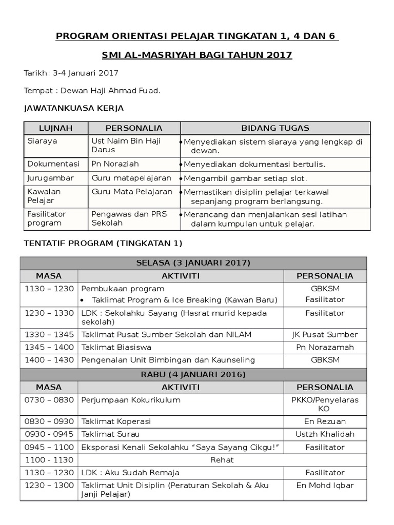 Program Orientasi Pelajar Tingkatan 1 Pdf