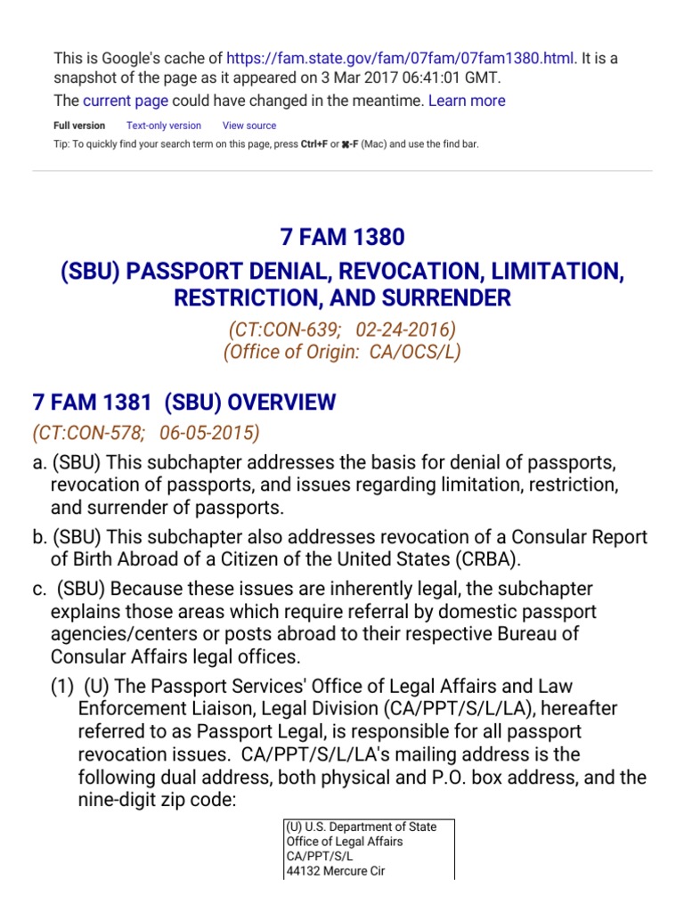 7 Fam 1380 (Sbu) Passport Denial, Revocation, Limitation, Restriction