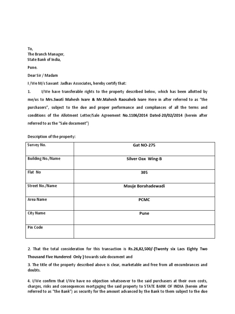 SBI Noc Format (Builder) | PDF | Banks | Loans