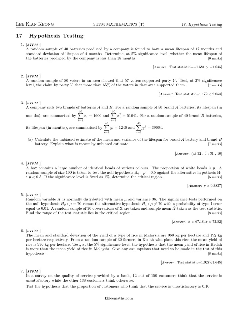 Hypothesis Testing Problems and Solutions A Collection of Examples